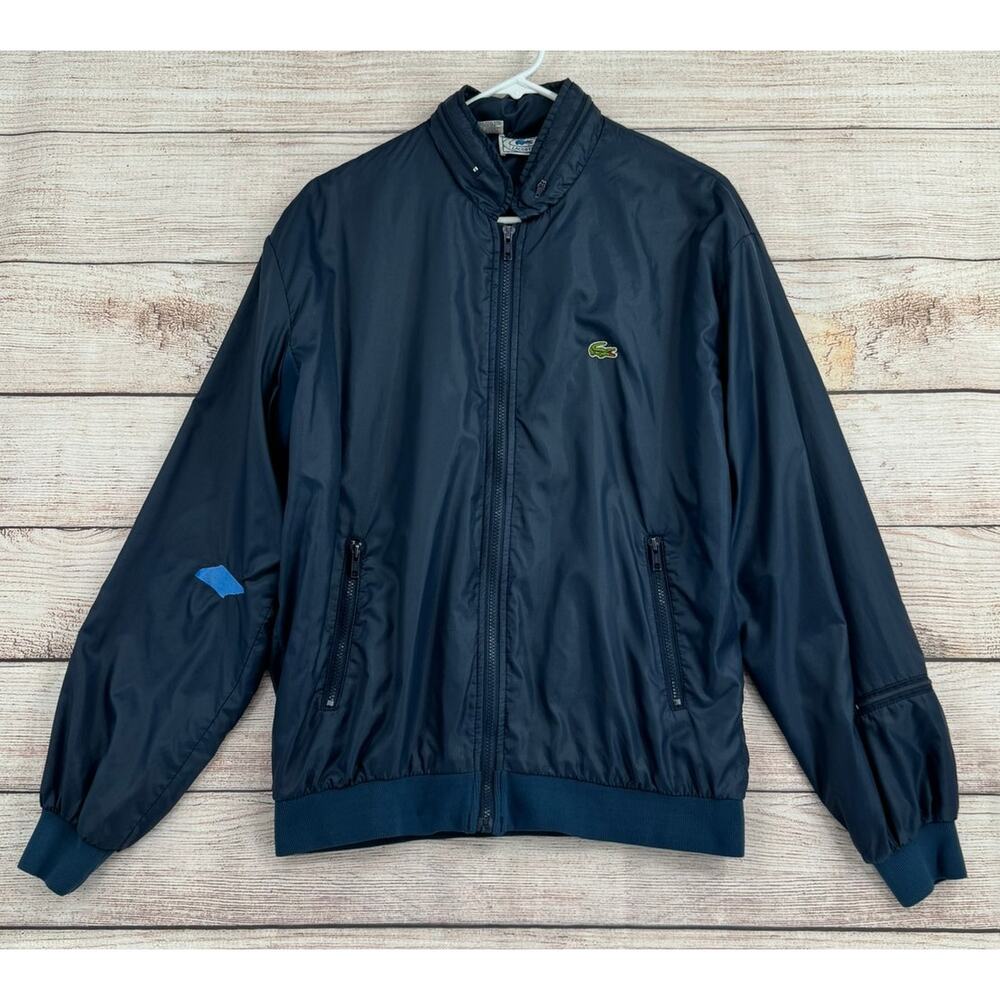 Vintage Izod LaCoste Stowable Hood Lightweight Bomber jacket Mens Large Blue‎